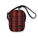 Red plaid crossbody bag with logo.