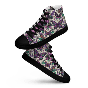 Black high top sneakers with butterfly pattern.