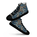 Blue and gold patterned high top sneakers.