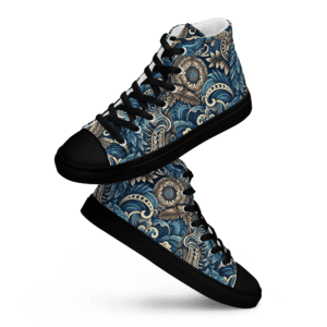 Blue and gold patterned high top sneakers.