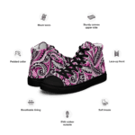 Pink and black patterned high top sneakers.