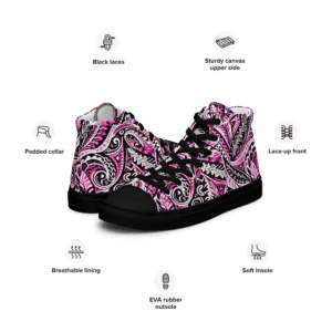 Pink and black patterned high top sneakers.