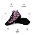 Pink and black patterned high-top sneakers.