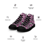 Pink and black patterned high top sneakers.