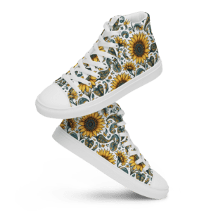 White high-top sneakers with sunflower pattern.