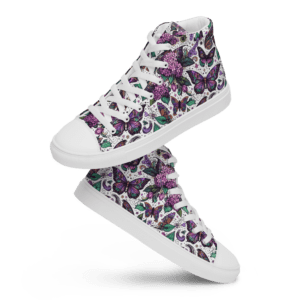 White high-top sneakers with butterfly print.