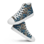 White high top sneakers with blue design.