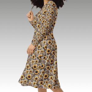 Woman in a sunflower print dress.