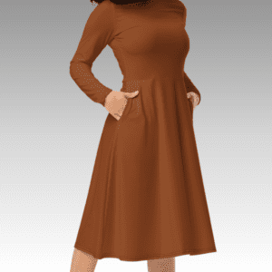 Brown long sleeve dress with pockets.