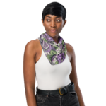 Woman wearing a floral patterned scarf.