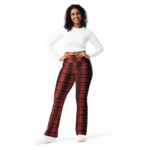 Woman wearing red plaid leggings.