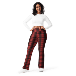 Woman wearing red plaid leggings.