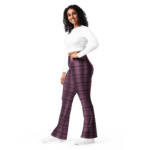 Woman wearing purple plaid flare pants.