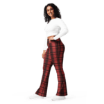 Woman wearing red and black plaid pants.