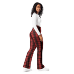 Woman wearing red and black plaid pants