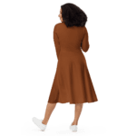 Woman in a brown dress, viewed from behind.