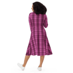 Woman in pink plaid dress, back view.