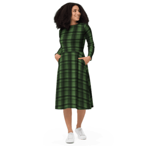 Woman wearing a green plaid dress.