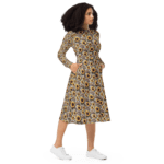 Woman in sunflower print dress.