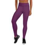 Woman wearing purple high-waisted leggings.