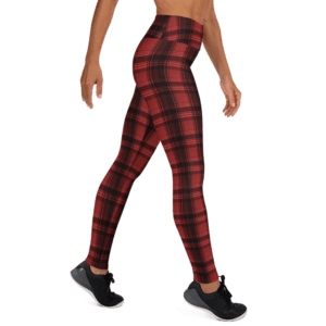 Red and black plaid leggings on a model.