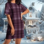 A woman in purple plaid dress standing next to a house.