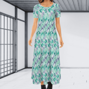 Crew Neck Short Sleeve Maxi Dress in Teal and Purple Watercolor Diamond Pattern - Classic Luxe