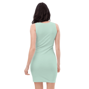 A woman in a light blue dress is standing