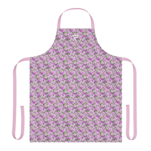 Pink Strap Apron with Ties | Pink Peoney and Apple Blossoms on Lavender | Premium Luxe
