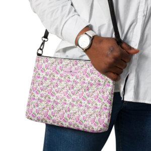New Cottage Chic | Crossbody Purse | Pastel Pink Micro Florals on White | Dual Handle Clutch Handbag with Pocket | | 11" X 8" X 15" | Premium Luxe | 10-13 Days