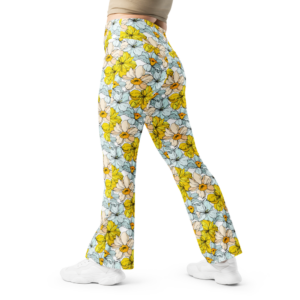 Sunlit Bloom | Flared Soft Stretch Pants | Sunny Yellow and Mist Blue Florals on Premium Luxe