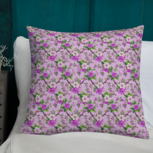 Violet Bouquet | Premium Linen Throw Pillow with Filler | Fuchsia Peony Apple Blossoms on Lilac Fog | 18x18", 22x22" | Premium LuxePremium Luxe