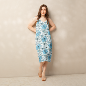 Coastal Bloom | Tie-strap Midi Dress | Blue Mist Floral Collage on White | Premium Luxe