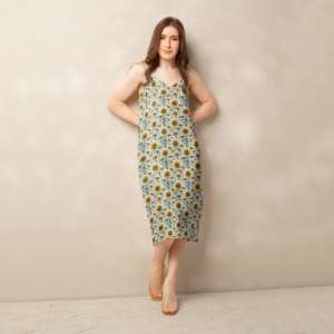 Sunflower Meadow | Tie-strap Midi Dress | Warm Yellow, Olive, and Teal Leaf on White | Premium Luxe