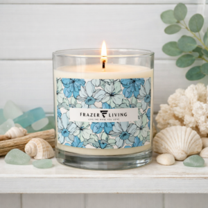 Coastal Bloom | Hand Poured Wax Candle in Glass Carafe | Mint Blue Florals on White | Premium Luxe