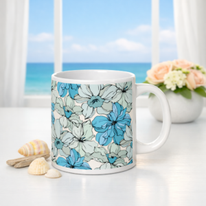 Coastal Bloom | White glossy Ceramic Mug | Blue Mint Floral Collage | Premium Luxe