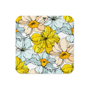 Sunlit Bloom | Cork-back Coaster | Single Item | Sunny Yellow and Mint Blue Florals on White | Premium Luxe