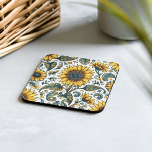 Sunflower Meadow | Coek-back Coaster | Warm Yellow , Olive and Teal Leaf on White | 13" and 15" | Premium Luxe