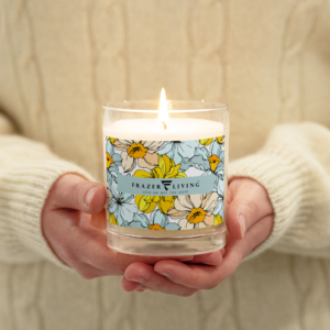Sunlit Bloom | Hand Poured Soy wax Candle | Suuny Yellow and Mint Blue Florals on White | Premium Luxe