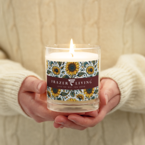 Sunflower Meadow | Hand Poured Soy Wax Candle in a Glass Jar | Warm Yellow, Olive and Teal Leaf on White | Premium Luxe