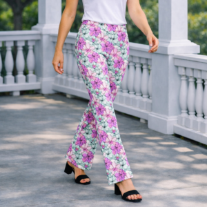 Lakeside Bloom | Flared Stretch Pants | Violet Pink and Mint Green on White Florals | Size 2XS - XL | Size 2XL - 6XL | Premium Luxe