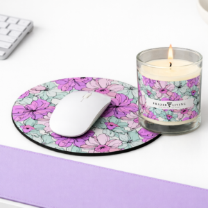 Lakeside Bloom | Round Mouse Pad | Fuchsia Pink Florals on White | Premium Luxe