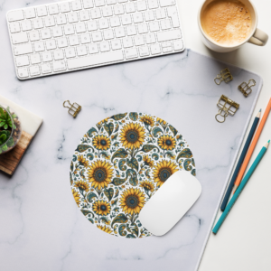 Sunflower Meadow | Round Mouse Pad | Warm Yellow, Olive, Teal Leaf on White | Premium Luxe