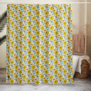 Sunlit Bloom | Shower Curtain | Sunny Yellow and Mint Blue Florals on White | Premium Luxe