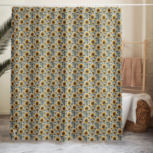 Sunflower Meadow | Shower curtain | Warm Yellow, Olive and Teal Leaf on White | Premium Luxe
