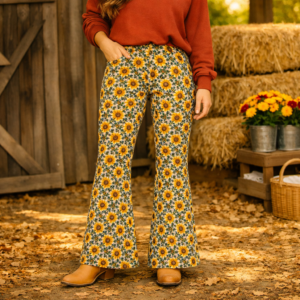 Sunflower Meadow | Flared Stretch Pants | Warm Yellow, Olive and Teal Leaf on White | Premium Luxe