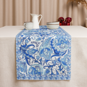 Masie Indigo Micro Paisley Bordered | Premium Table Runner | Cobalt Blue on White | 16" x 90" | Premium Luxe
