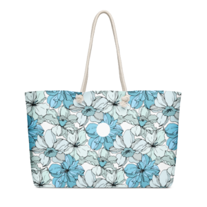 Coastal Bloom | Oversized Weekender Bag | Blue Mist Floral Collage on White | Premium Luxe