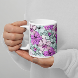 Lakeside Bloom | White Glossy Ceramic Mug | Fuschia Pink and Mint Florals on White | Premium Luxe