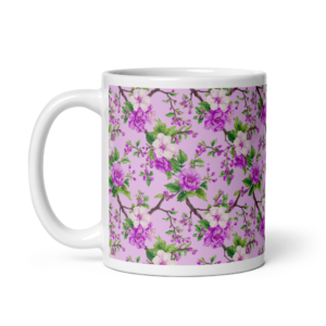 Secret Garden | White Ceramic Mug | Fuchsia Peoney Pink on Lilac Fog | 11 oz, 15oz, 20 oz. | Premium Luxe